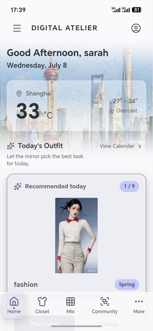 Magic Mirror home screen showing today's outfit and quick actions